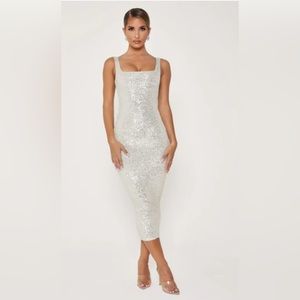 Meshki Sequin Square Neck Midi Dress in Silvery/Champagne color